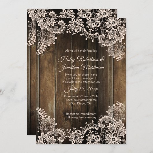 Invitation Dentelle d'antiquité rustique et Mariage en bois d (Devant / Derrière)