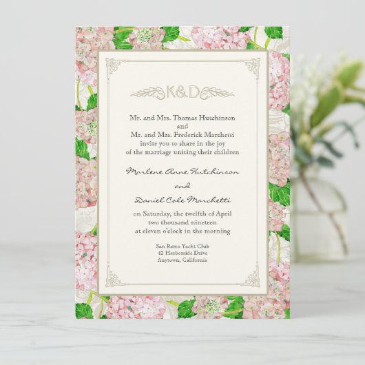 Invitation Dentelle d'aquarelle rose pâle Pastel Hydrangea (Debout devant)