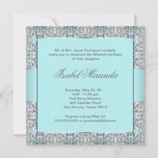 Invitation Dentelle d'argent bleu turquoise Quinceanera (Devant)