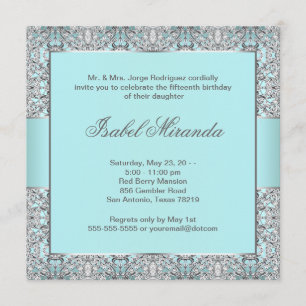Invitation Dentelle d'argent bleu turquoise Quinceanera