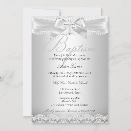 Invitation Dentelle d'argent et baptême croisé garçon ou fill (Devant)