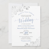 Invitation Dentelle d'argent et Mariage blanc officiel bleu p (Devant)