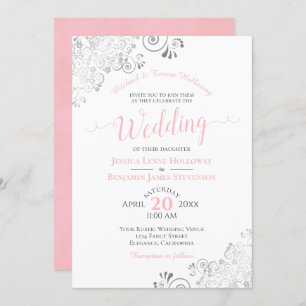Invitation Dentelle d'argent et Mariage blanc rose pâle