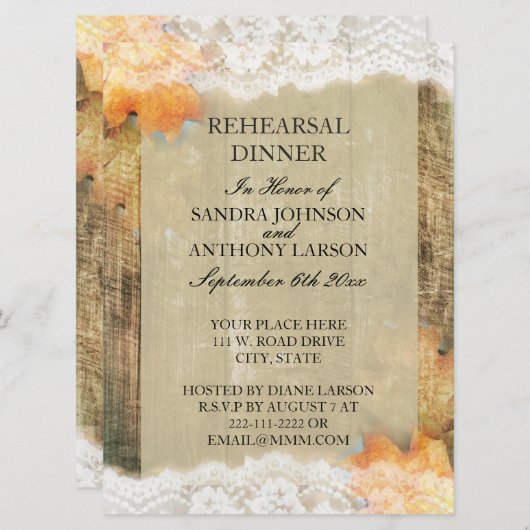 Invitation Dentelle d'automne Dîner de répétition rustique In (Devant / Derrière)