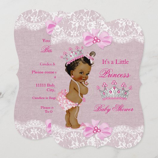 Invitation Dentelle de Baby shower de princesse ethnique rose (Devant / Derrière)