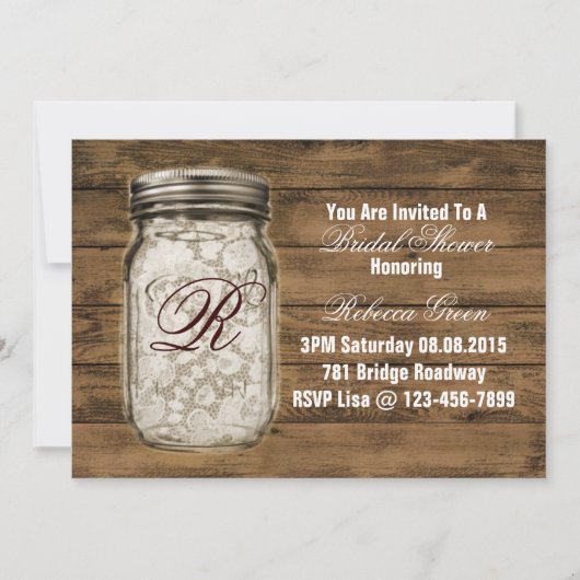 Invitation dentelle de barnwood pays mason jar nuptiale (Devant)