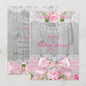 Invitation Dentelle de bois rustique Baby shower floral rose  (Devant / Derrière)