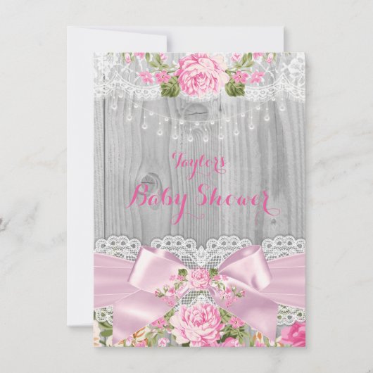 Invitation Dentelle de bois rustique Baby shower floral rose  (Devant)