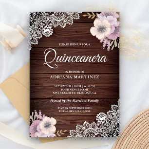 Invitation Dentelle de bois rustique Pink Floral Quinceanera