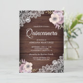 Invitation Dentelle de bois rustique Pink Floral Quinceanera (Debout devant)