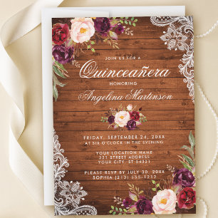 Invitation Dentelle de bois rustique Quinceanera Bourgogne Fl