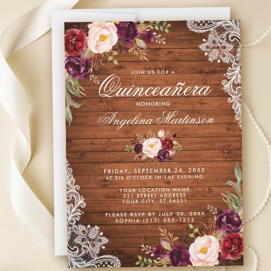 Invitation Dentelle de bois rustique Quinceanera Bourgogne Fl