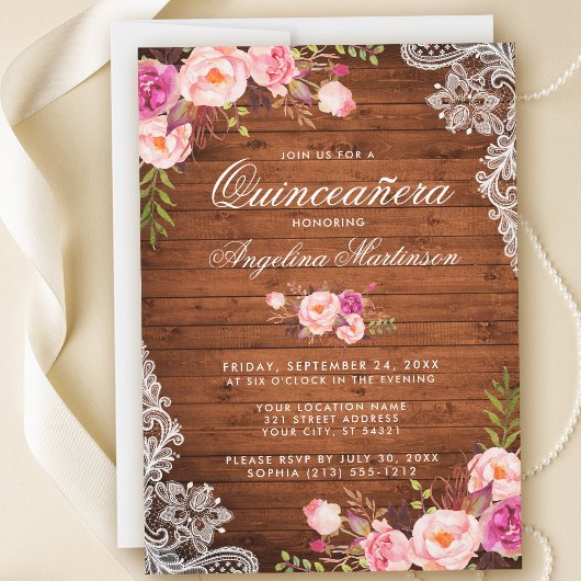 Invitation Dentelle de bois rustique Quinceanera Rose Floral