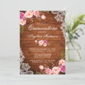 Invitation Dentelle de bois rustique Quinceanera Rose Floral (Debout devant)