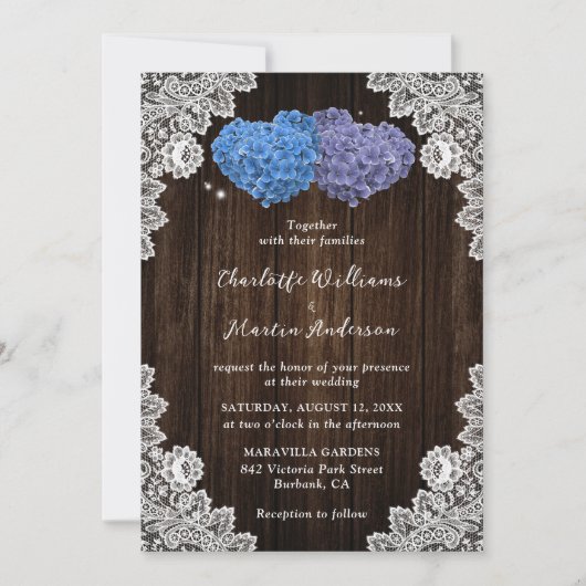 Invitation Dentelle de bois rustique violet et Mariage floral (Devant)
