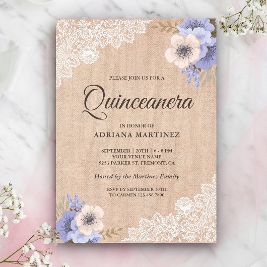 Invitation Dentelle de Burlap Russe Quinceanera Florale Viole