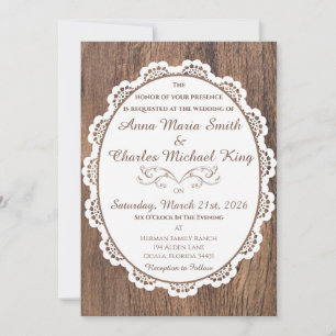 Invitation Dentelle de campagne chic sur bois sombre rustique