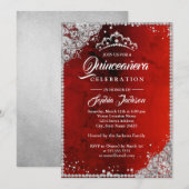 Invitation Dentelle de diamant Étincelle d'argent rouge Quinc (Devant / Derrière)