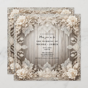 Invitation Dentelle de fleurs romantiques + Mariage rustique 