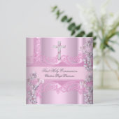 Invitation Dentelle de la première sainte communion rose (Debout devant)