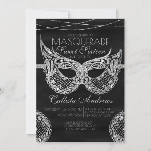 Invitation Dentelle de Parties scintillant d'argent noir Masq (Devant)