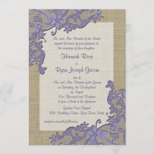 Invitation Dentelle de pays vintage design et Burlap violet