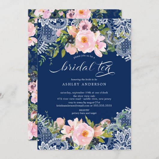 Invitation Dentelle de Roses et pivoinesThé nuptial de douche (Devant / Derrière)