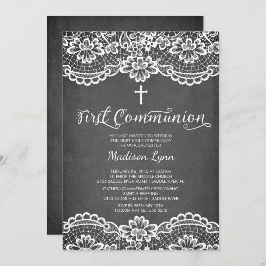 Invitation Dentelle de tableau Chalkboard première communion  (Devant / Derrière)
