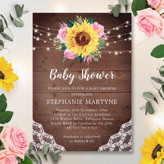 Invitation Dentelle de tournesol rose Floral Baby shower rust
