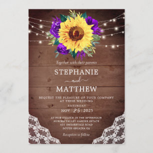 Invitation Dentelle de tournesol rustique Rose violet Mariage