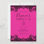 Invitation Dentelle d'encre noire rose vif Douce 16 Partie (Devant)