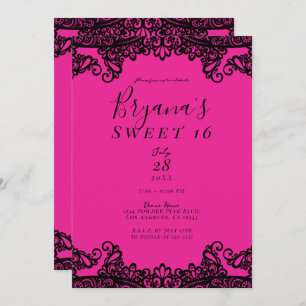 Invitation Dentelle d'encre noire rose vif Douce 16 Partie