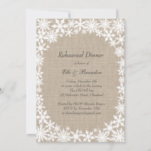 Invitation Dentelle d'hiver sur Burlap Répétition Dîner Invit (Devant)