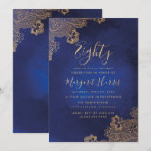 Invitation Dentelle d'huile d'or Ornate Bleu 80e Anniversaire (Devant / Derrière)