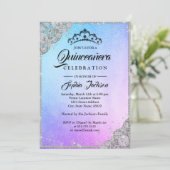 Invitation Dentelle diamant Étincelle Bleue pourpre Quinceane (Debout devant)