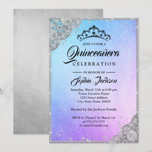Invitation Dentelle diamant Étincelle Bleue pourpre Quinceane (Devant / Derrière)