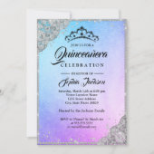 Invitation Dentelle diamant Étincelle Bleue pourpre Quinceane (Devant)