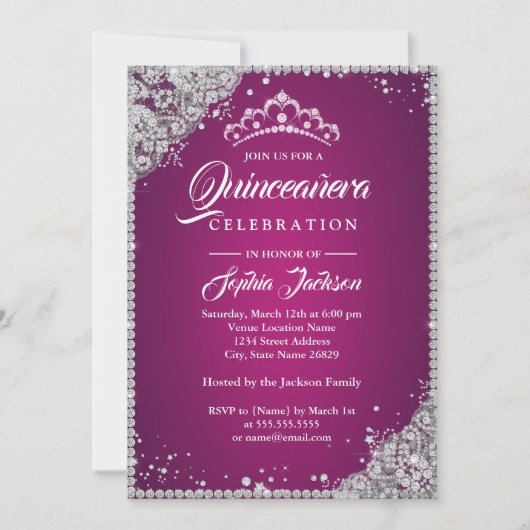 Invitation Dentelle diamant Étincelle rose Silver Quinceanera (Devant)
