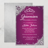 Invitation Dentelle diamant Étincelle rose Silver Quinceanera (Devant / Derrière)