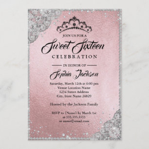 Invitation Dentelle diamant Étincelle Sweet sixteen d'argent