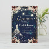 Invitation Dentelle, Diamants Robe Bleu foncé Floral Quinceañ (Debout devant)