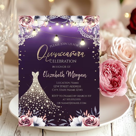 Invitation Dentelle, Diamants Robe Florale Violet Quinceañera