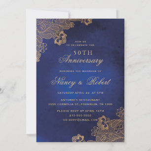 Invitation Dentelle d'or bleu 50e anniversaire de Mariage