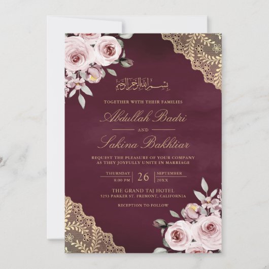 Invitation Dentelle d'or Dusty Rose QR Code Plum Mariage musu (Devant)