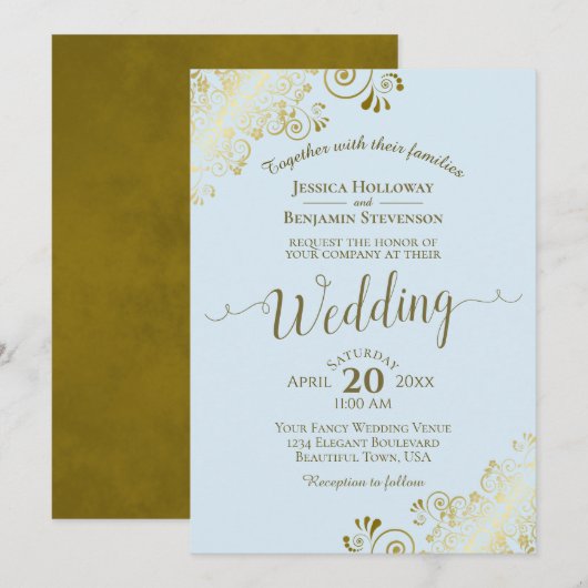 Invitation Dentelle d'or Élégante calligraphie Poudre Mariage (Devant / Derrière)