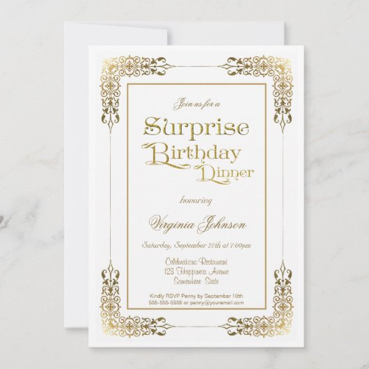 Invitation Dentelle d'or Ornat Surprise Anniversaire Dîner (Devant)