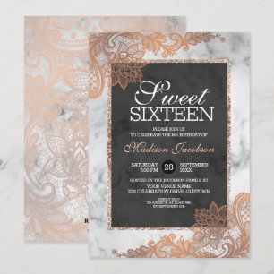 Invitation Dentelle d'or rose et Sweet sixteen de marbre