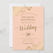 Invitation Dentelle d'or sur la pêche Élégant Mariage de call (Devant)