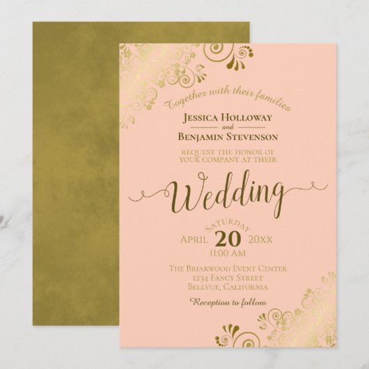 Invitation Dentelle d'or sur la pêche Élégant Mariage de call (Devant / Derrière)