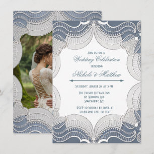 Invitation Dentelle Élégante Sur Blue Mariage Celebration Pho